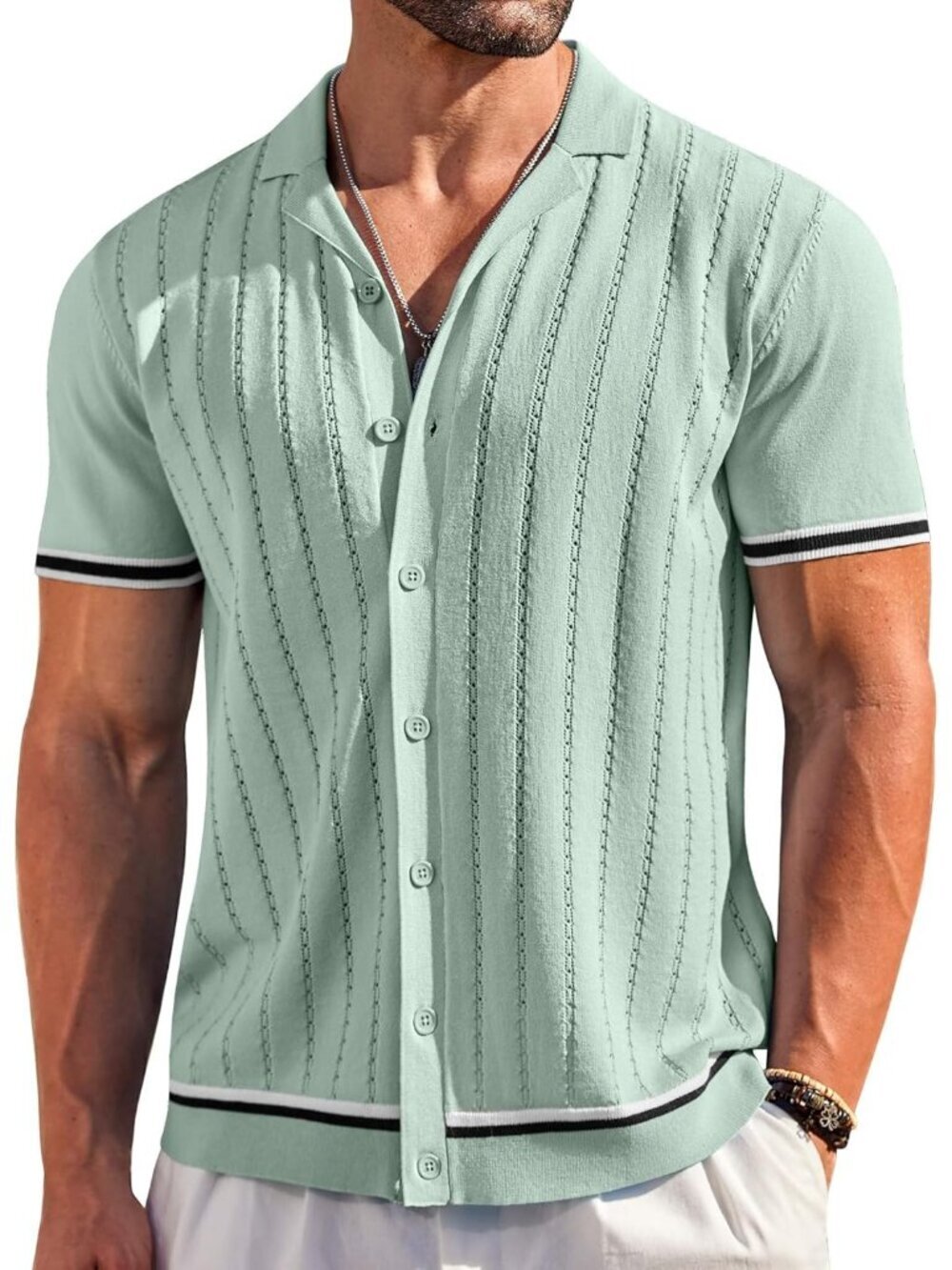 Men's Light Green Short Sleeve Knit Casual Button Down Vintage Striped Top Shirt